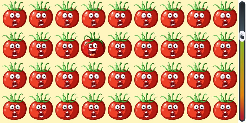 Gioco di osservazione:Scopri l'intruso nascosto tra i pomodori in meno di 5 secondi e dimostra la tua prontezza di riflessi.